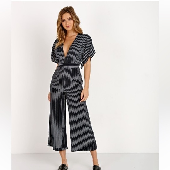 Faithfull the Brand Cedric Jumpsuit striped white and black v neck size 4 - Picture 5 of 14